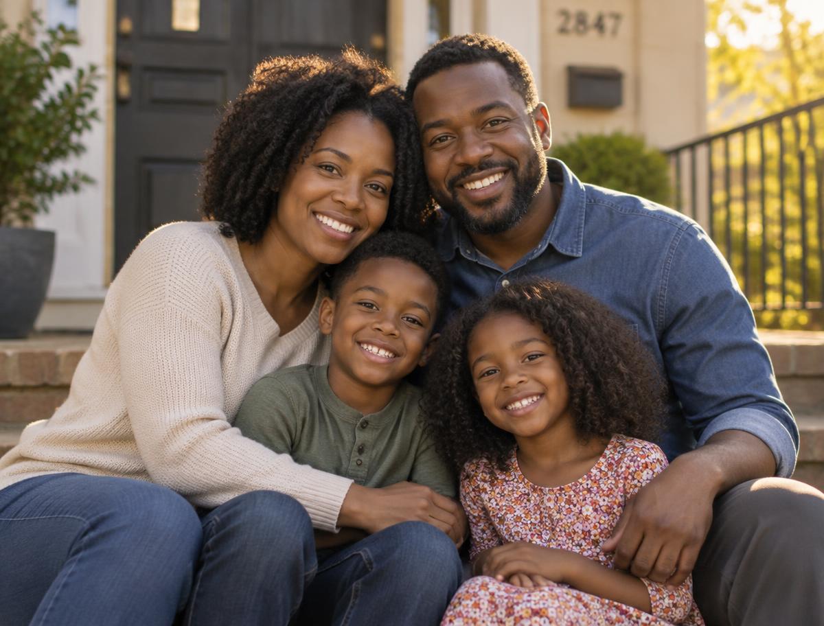 A smiling family together on their front steps